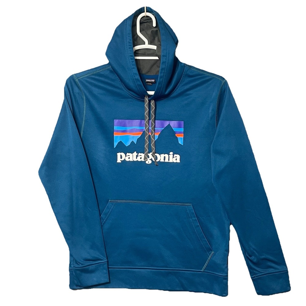 PATAGONIA Shop Sticker Hoodie Sweatshirt Men Size M Pouch Hiking Performance